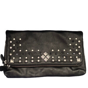 Black leather studded clutch handbag